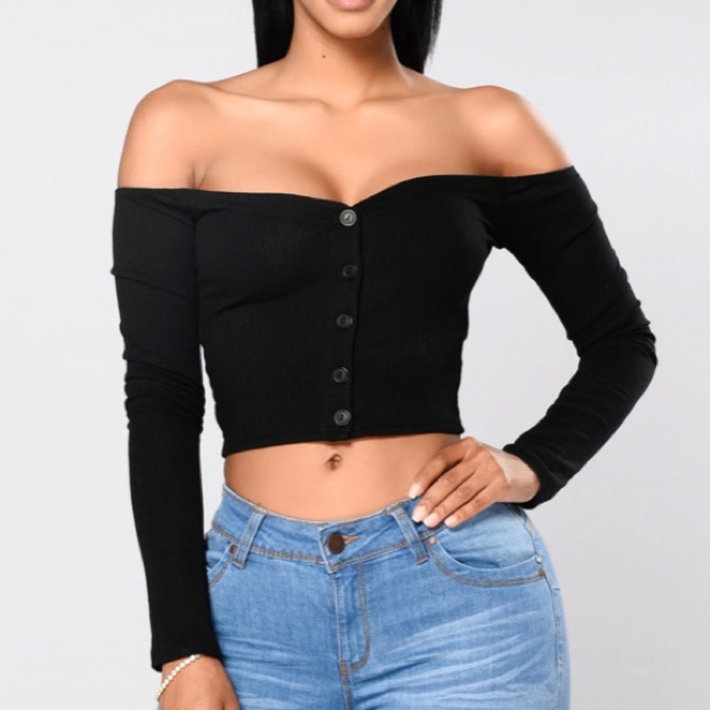 Fashion Nova Off The Shoulder Black Top | Long Sleeve Button Up Top | Women’s XS